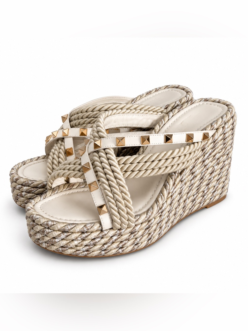 Valentino Garavani Cream Woven Rope Platform Slides with Gold Studs